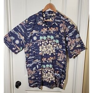 Vintage POLO SPORT Ralph Lauren Hawaiian Shirt Size XL Hula Palm Fish Coral Camp